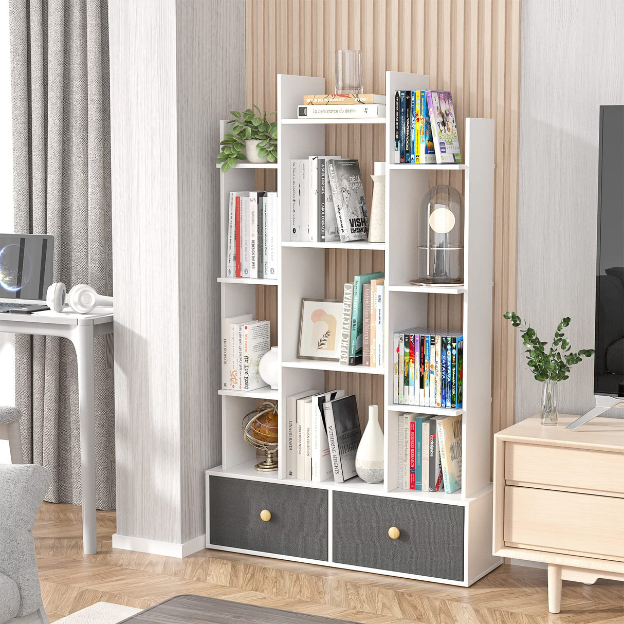 Bookshelf with 2 Drawers Free Standing Bookcase, Office Storage Shelf Organizer with 12