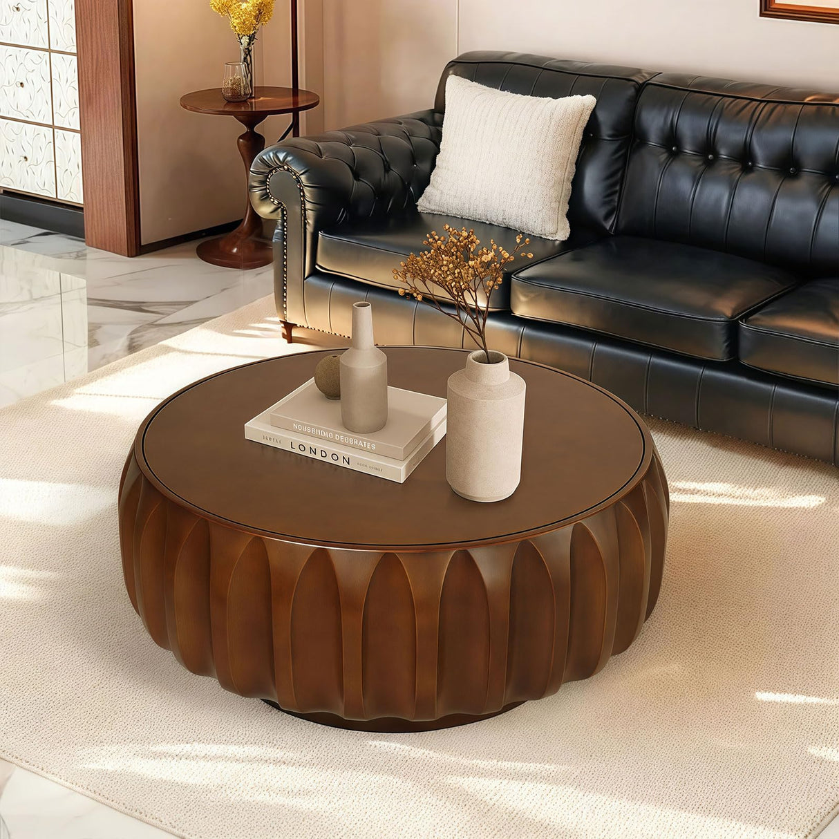 31.5" Round Coffee Tables for Living Room, Traditional Handcraft Drum Coffee Table