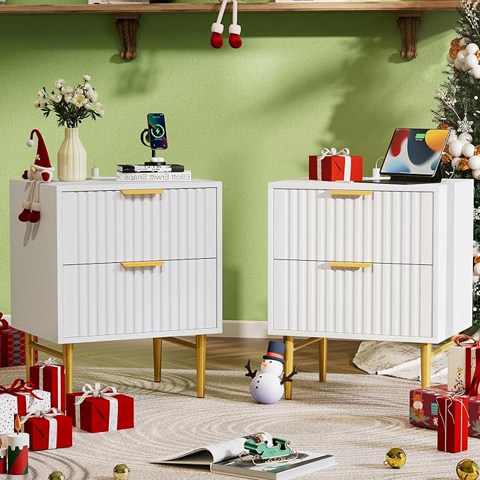 Black Nightstand Set of 2 with Charging Station, Fluted Nightstand with Drawers