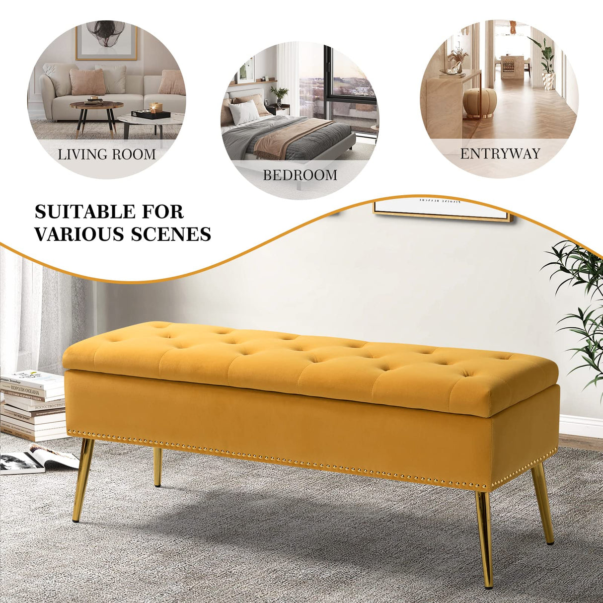 Modern Velvet Storage Ottoman Bench with Gold Base & Nailhead Trim, Upholg Room Dining Room