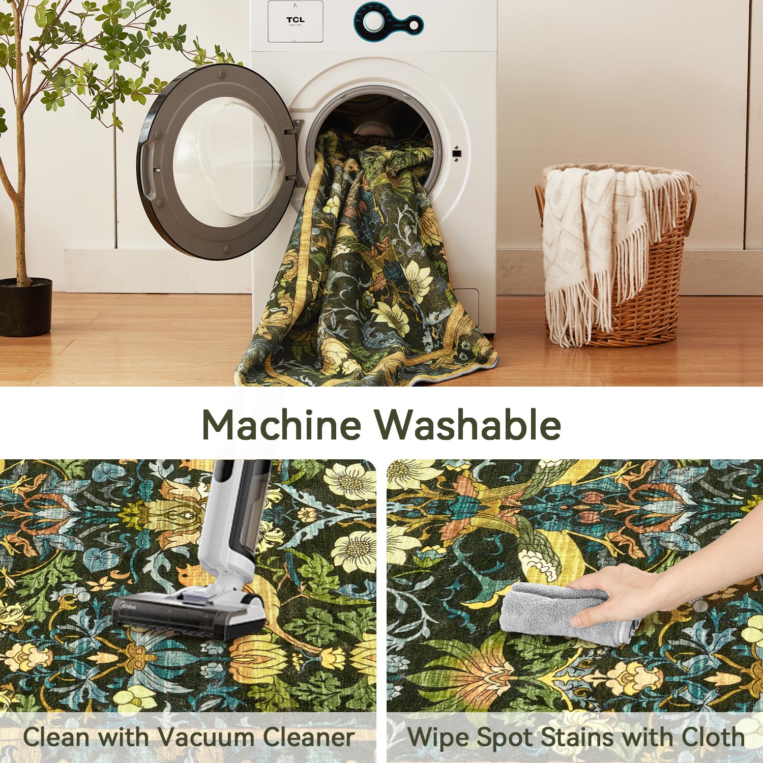 Topllen Washable Area Rug - Area Rug 8'x10' Boho Soft Living Room Rug, Non-Slip Large Area Rugs Indoor for Dining Room Livingroom Bedroom, Vintage Rug (Dark Green, 8x10ft)