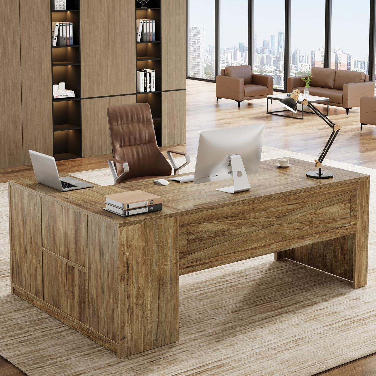 70.8" L-Shaped Executive Desk, Large Office Computer Table with File Cabinet