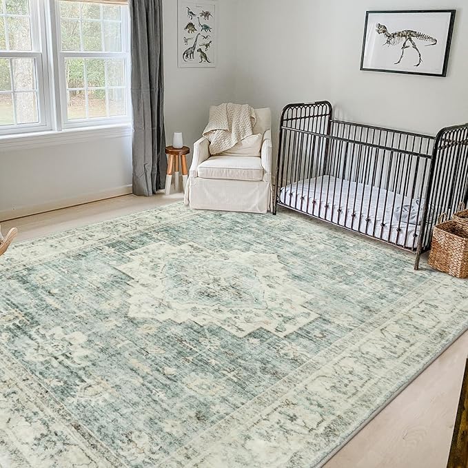 Machine Washable Rug 5x7 Sage Green Rugs for Living Room, Non Slip Vinatge Rug Boho