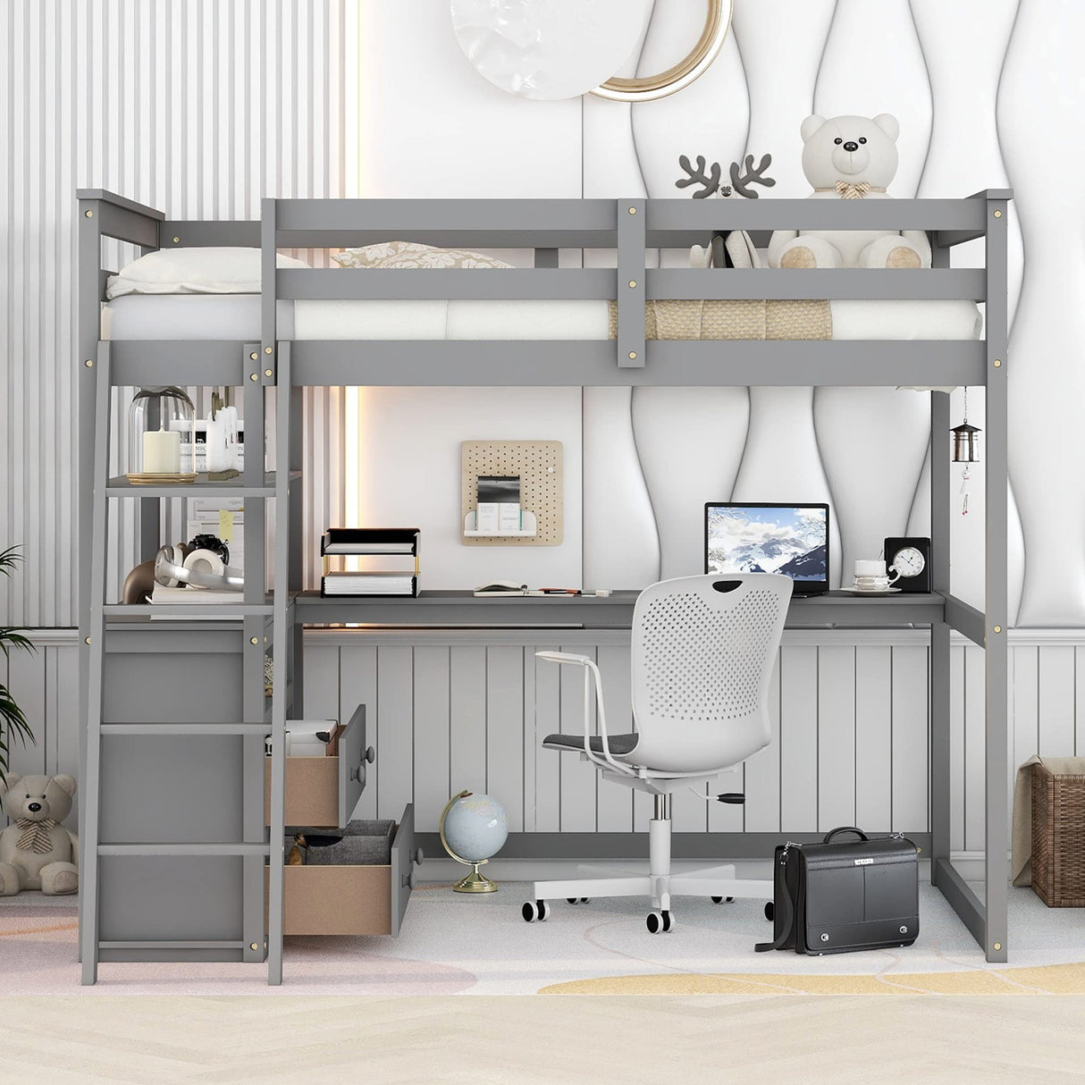 Full Size Loft Bed with Desk and Shelves