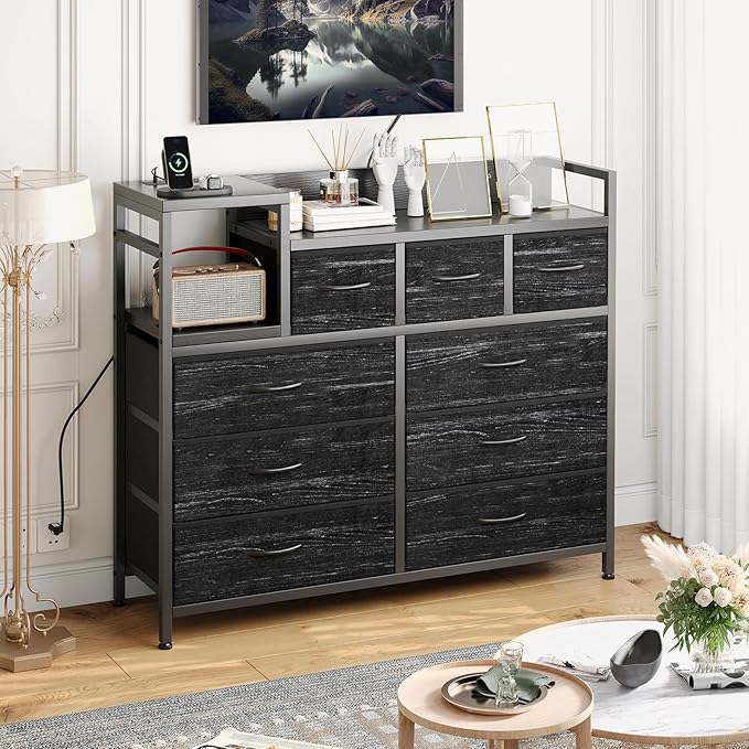 Charging Station, Bedroom Dresser for Living Room TV Stand with 9 Drawers, Pink