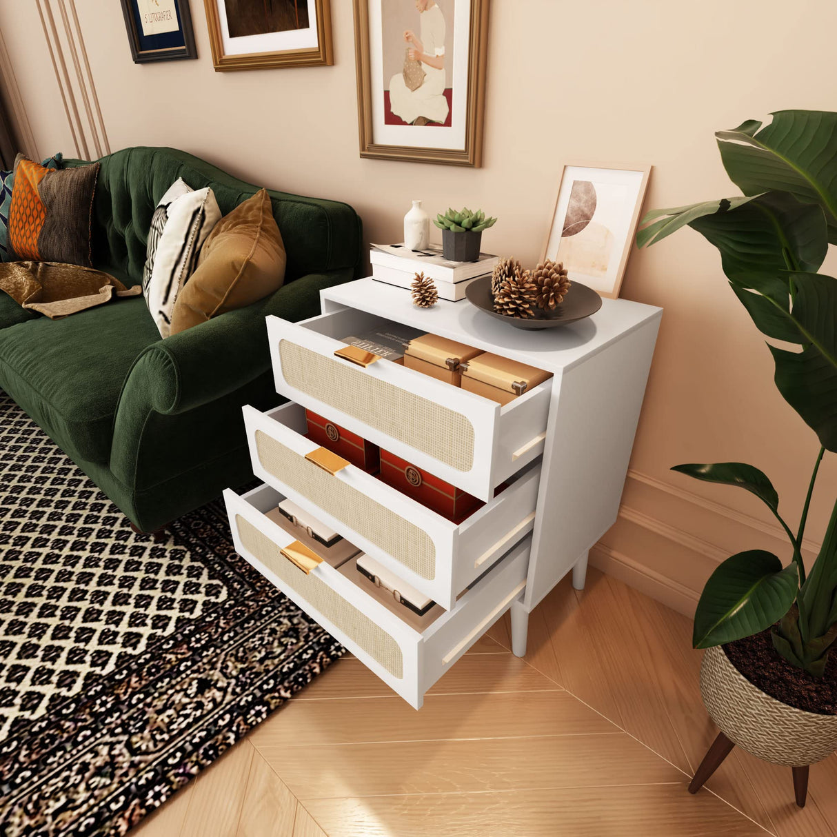 Nightstand Dresser Chest of 3 Drawers, Wood Storage Dresser Cabinet Organizer Unit