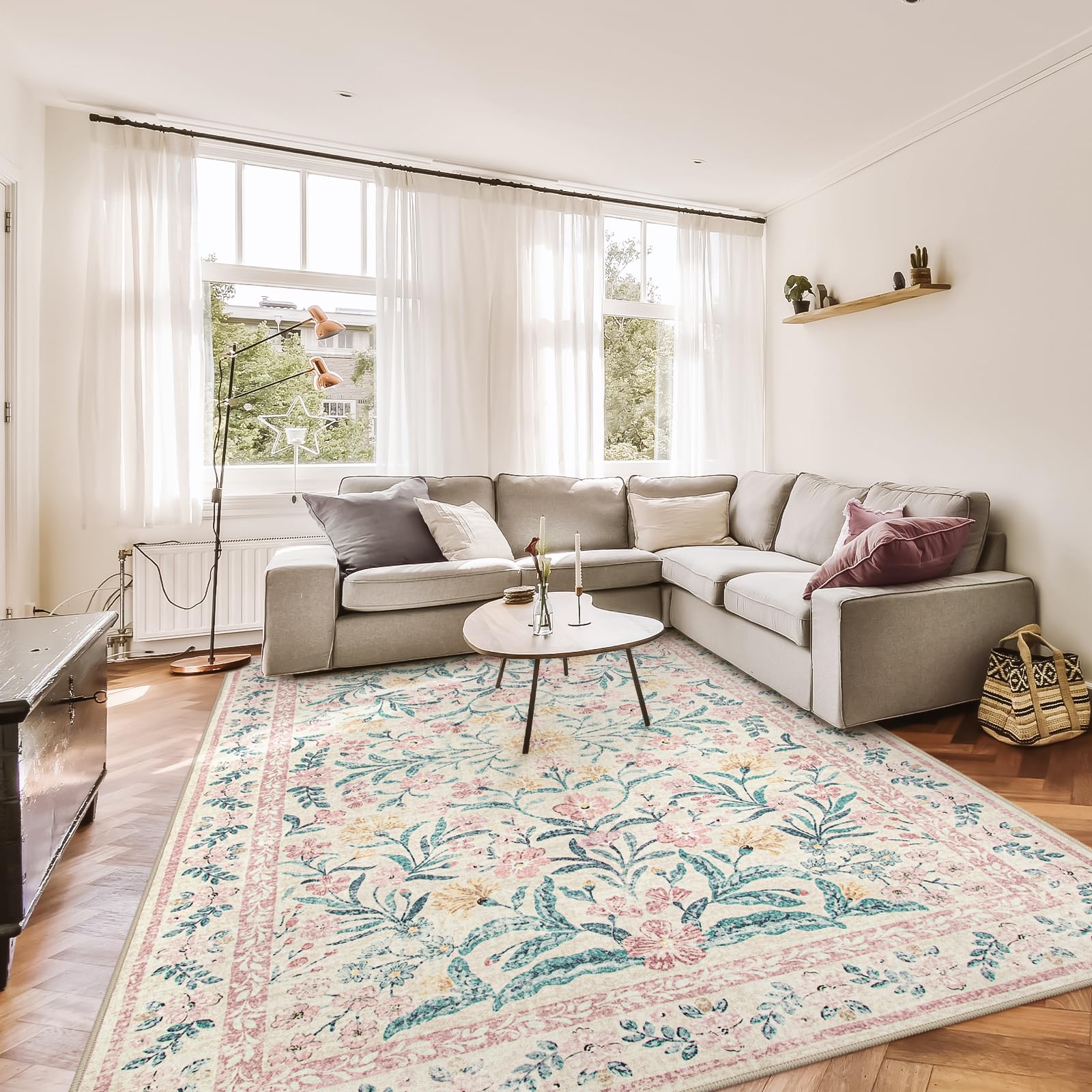 Large Rugs for Living Room,Boho Machine Washable Area Rugs 8x10,Ultra-Thin Floral Rug