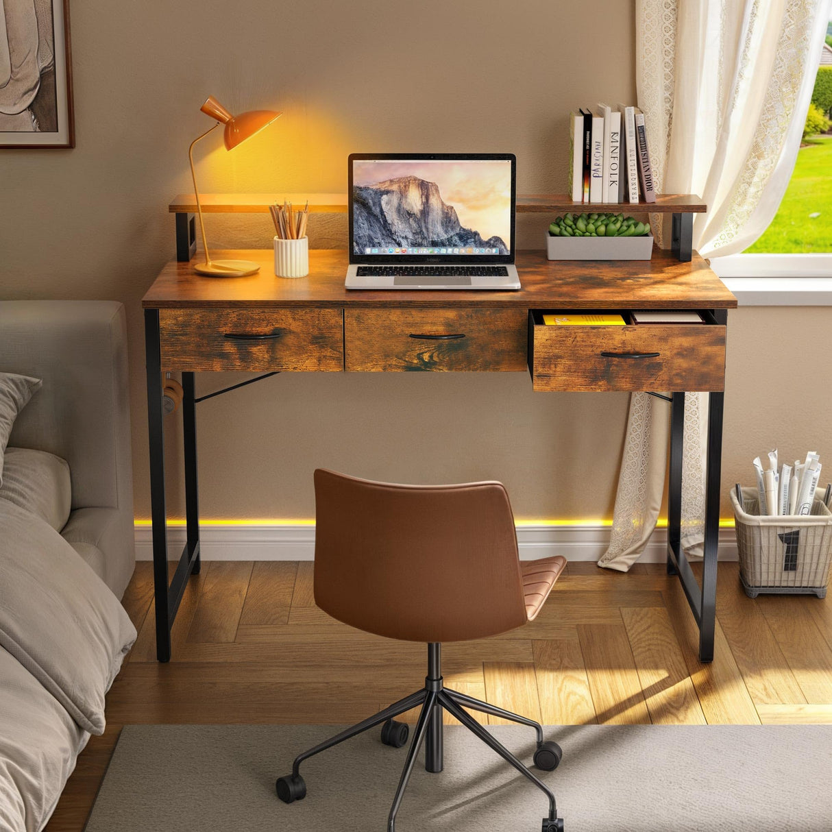 Small Computer Desk with Drawers, Office Desk with Monitor Stand for Small Spaces