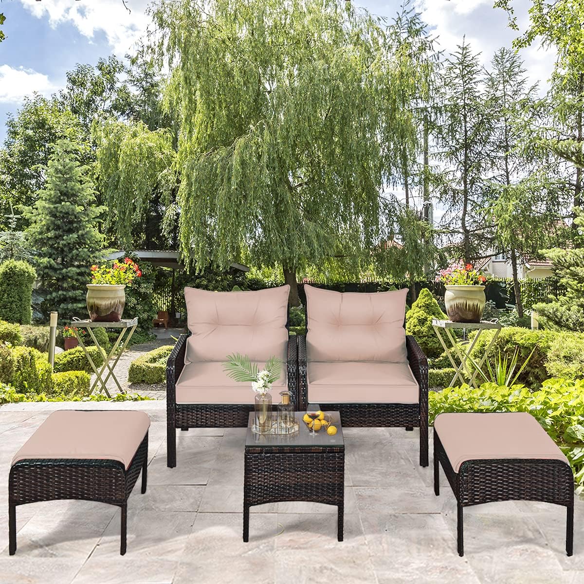5-Piece Patio Furniture Set Outdoor Rattan Wicker Conversation Set