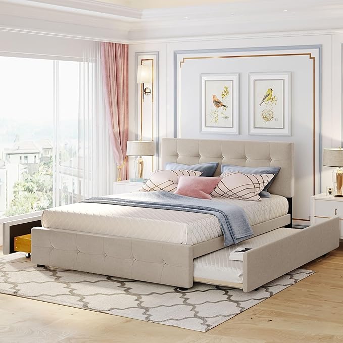 Queen Size Upholstered Platform Bed with 2 Drawers and Trundle