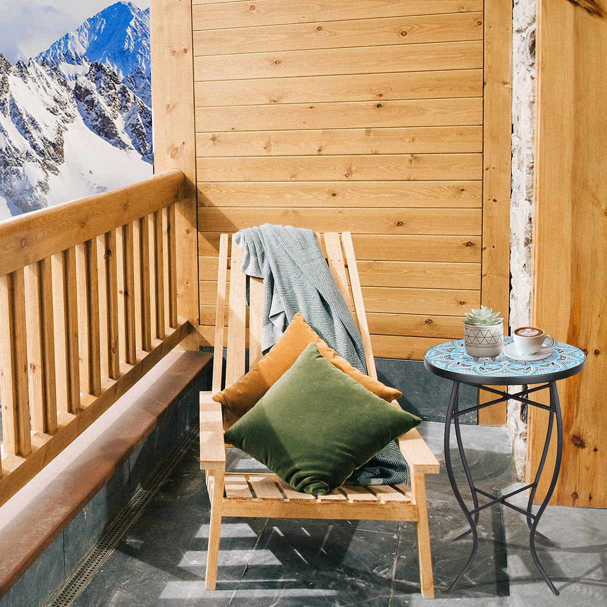 Vipush Mosaic Outdoor Side Table, 14" Round Folding Plant Stand for Patio Garden Backyard Balcony Porch Indoor Accent End Table for Living Room, Ceramic Tabletop with Black Iron, Light Blue - Bircata