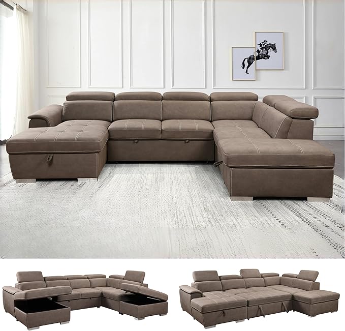 98'' Microfiber L-Shape Sectional Sleeper Couch with Pull-Out Bed, 4-Seater Sofa