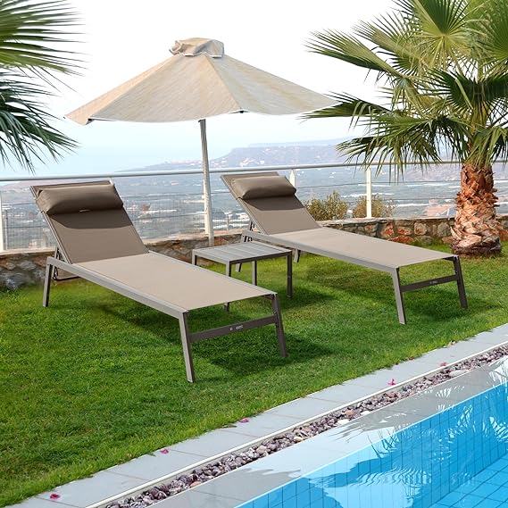Patio Chaise Lounge Set -3 Pieces Aluminum Adjustable Pool Lounge Chairs