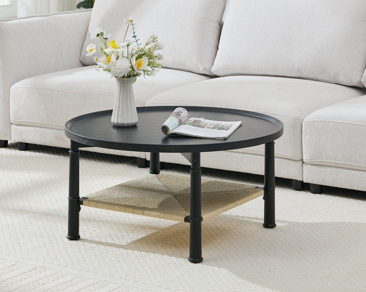32" Round Coffee Table for Living Room, 2-Tier Small Living Room Table