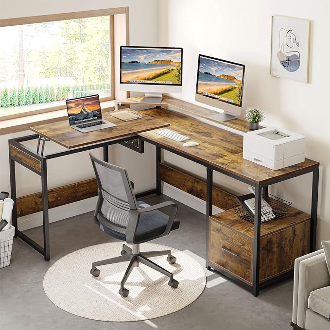 L Shaped Desk with File Drawer, 65" Large Computer Desk Corner Desk with Lift Top