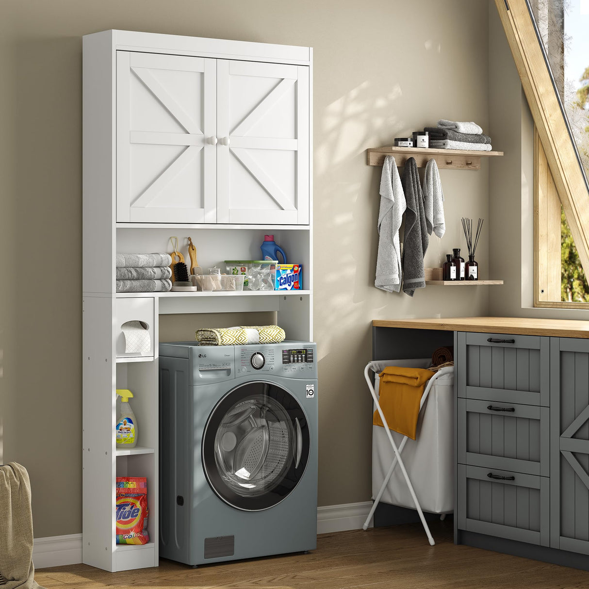 Over The Toilet Storage Cabinet with Barn Doors, 32.3''W Free Standing Toilet Storage