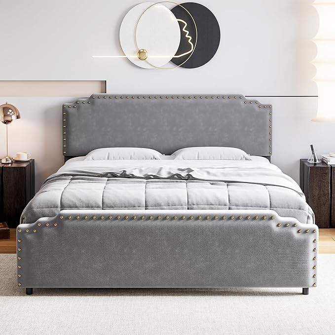 Queen Size Bed Frame with Headboard, Velvet Upholstered Platform Bed