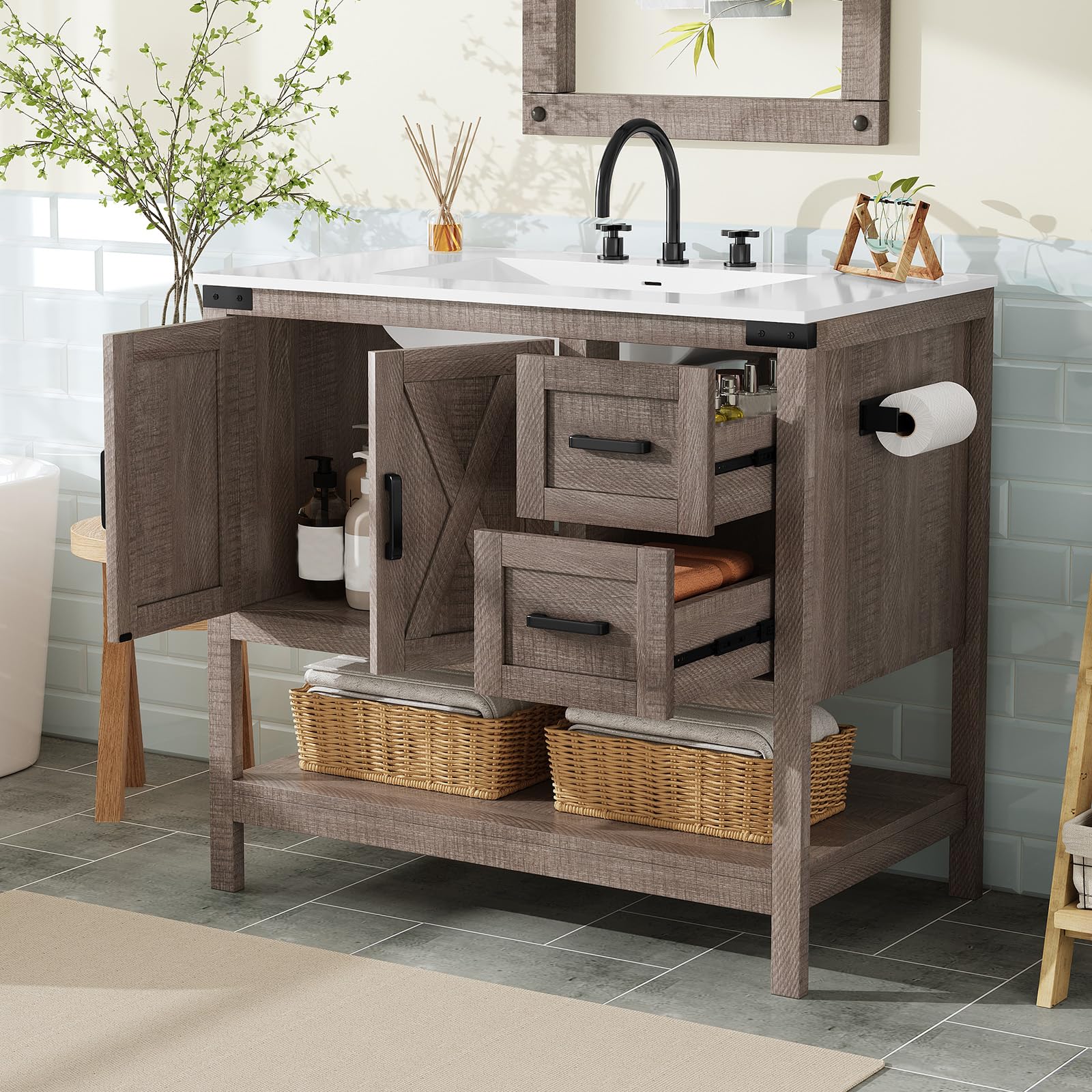 36" Farmhouse Bathroom Vanity with Sink Combo, Wood Barn Door Freestanding Small Single Bath Storage Cabinet