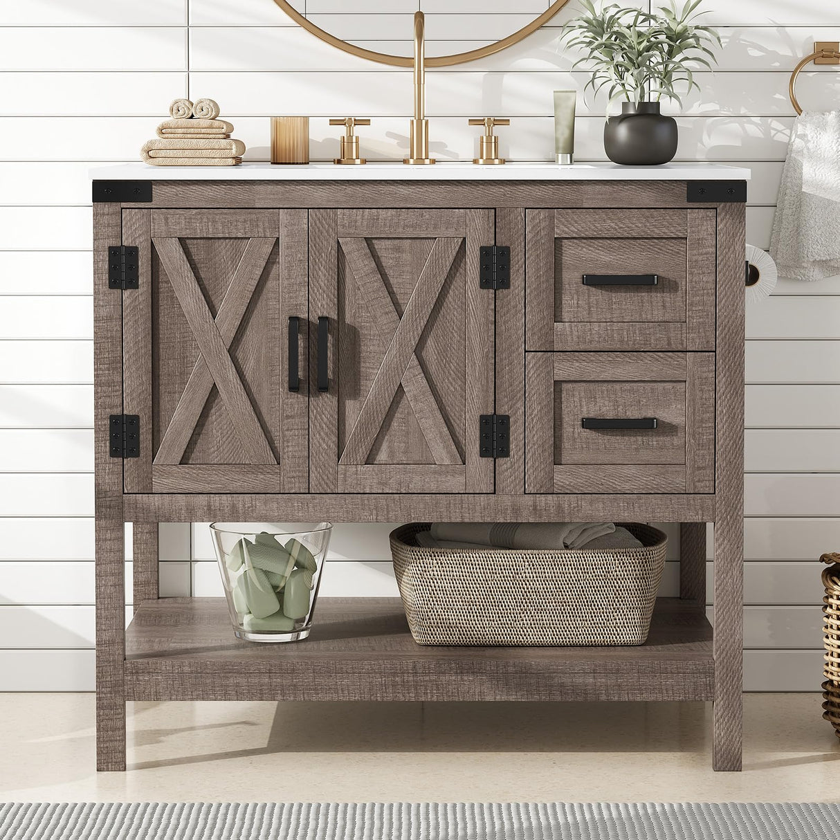 36" Farmhouse Bathroom Vanity with Sink Combo, Wood Barn Door Freestanding Small Single Bath Storage Cabinet