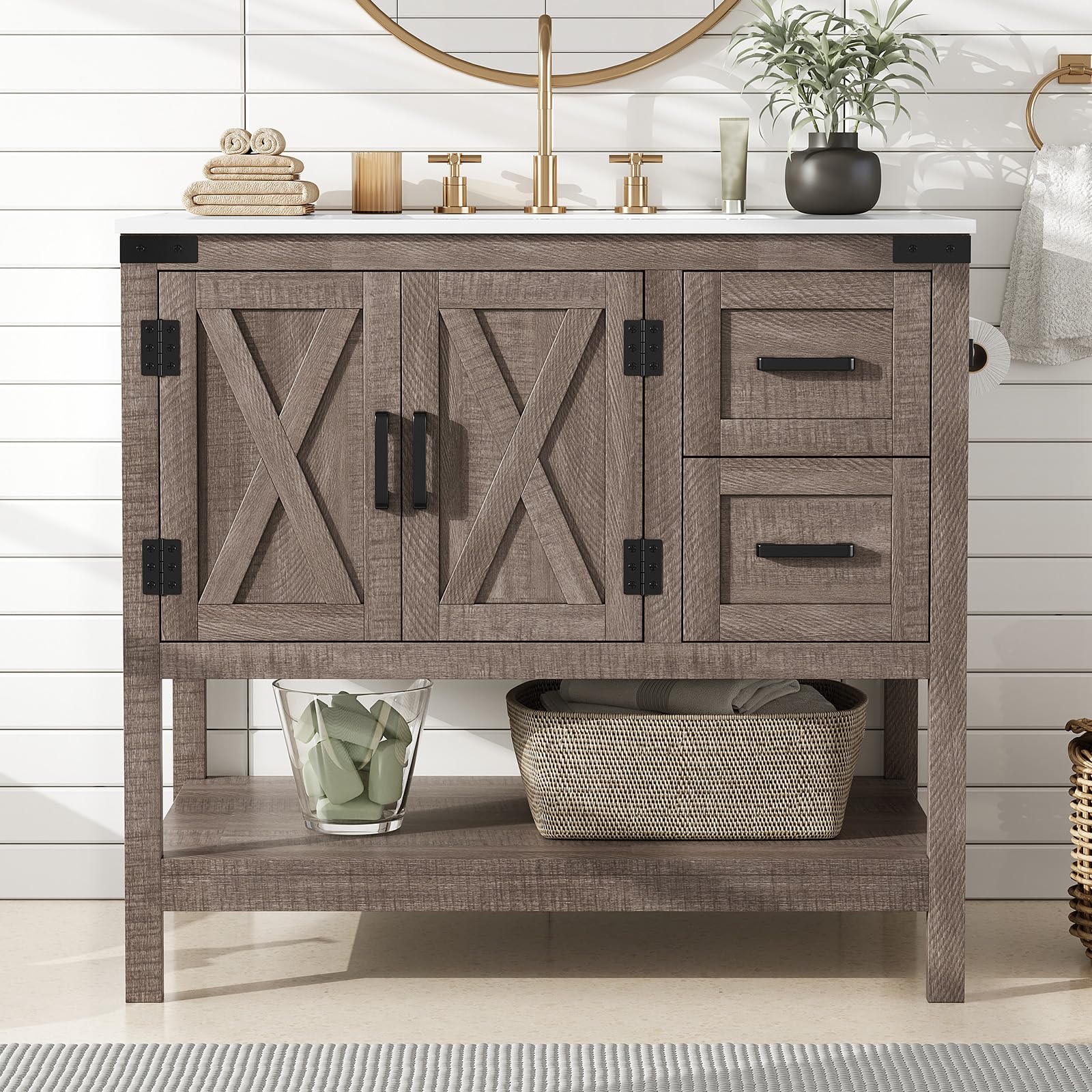 36" Farmhouse Bathroom Vanity with Sink Combo, Wood Barn Door Freestanding Small Single Bath Storage Cabinet
