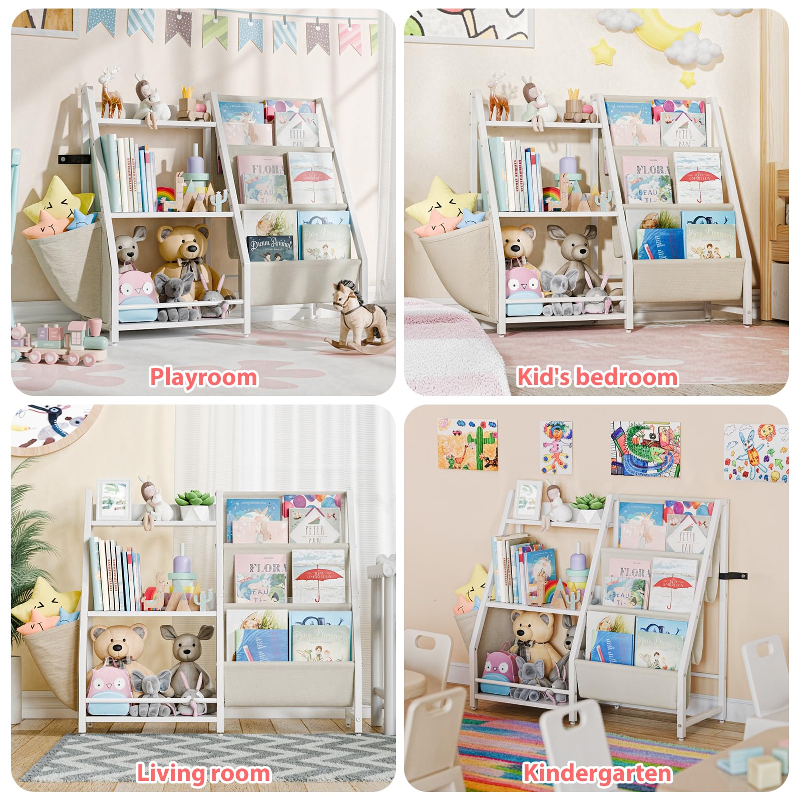 Kids Bookshelf and Toy Storage, Kids Book Sling Shelf, Montessori Baby Toddler Bookshelf