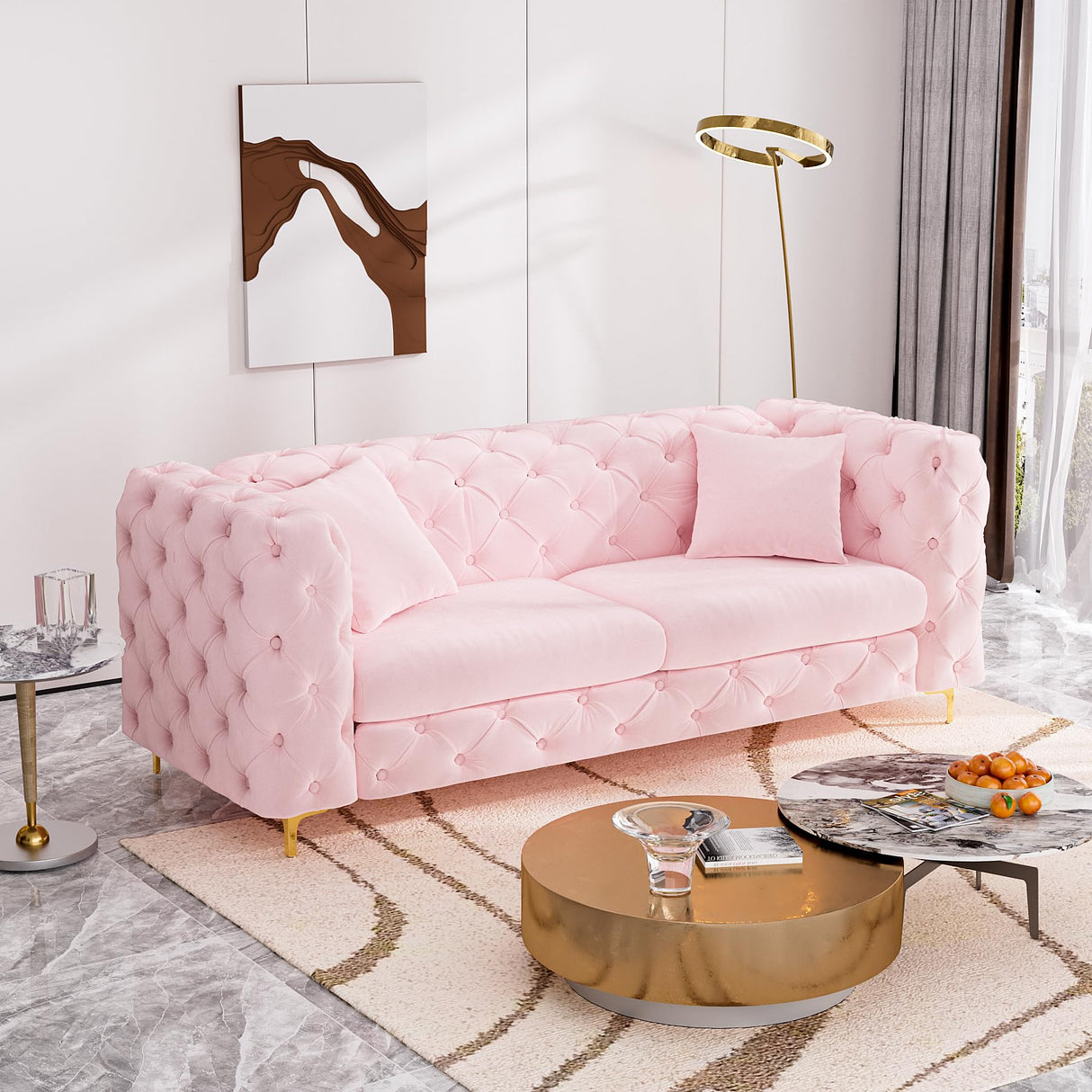 75 Inch Sofa Couch Modern Upholstered Couch Tufted Velvet Sofa High Arm and Metal