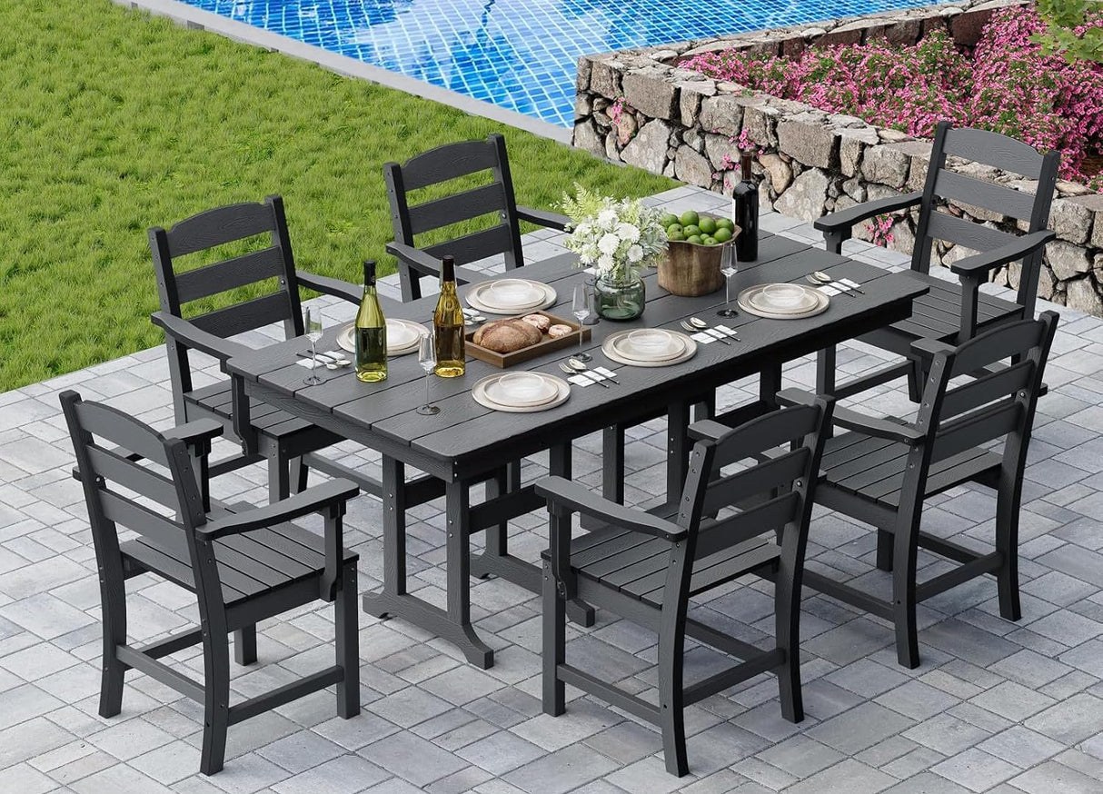 7 Pieces Patio Dining Set for 6, 71" HDPE All-Weather Dining Table & Chairs