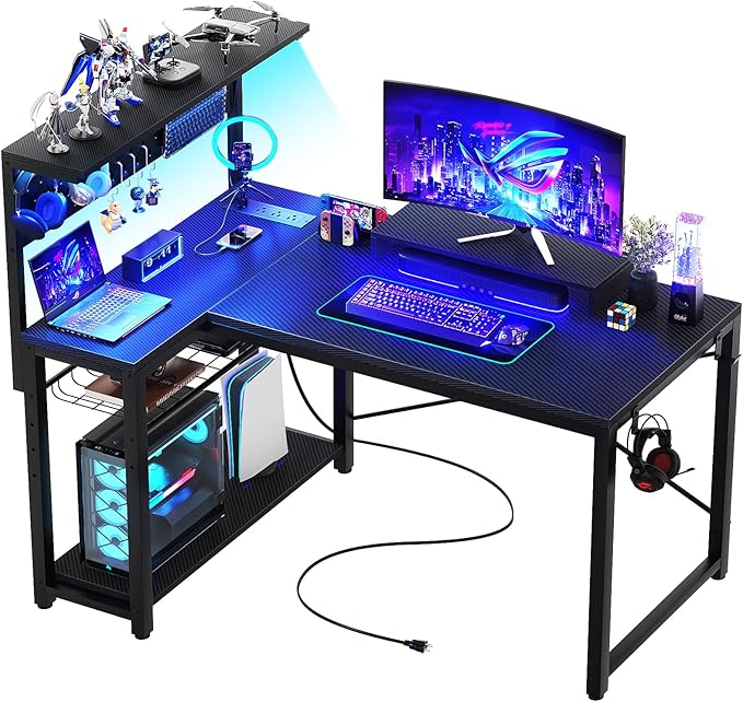 Small Gaming Desk with Power Outlets Pegboard LED Light, 43 Inch L Shaped Computer
