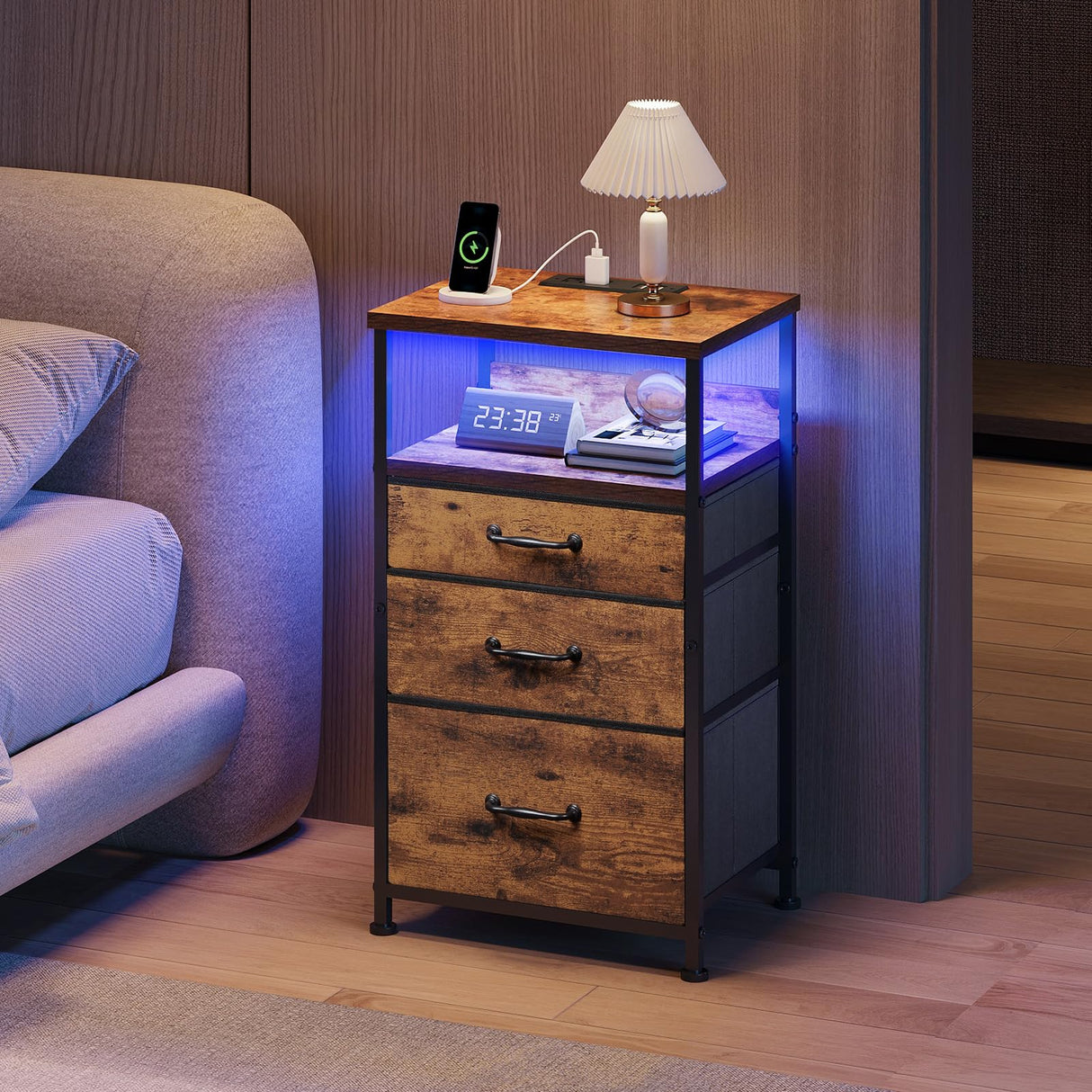 Nightstand with Charging Station, LED Night Stand