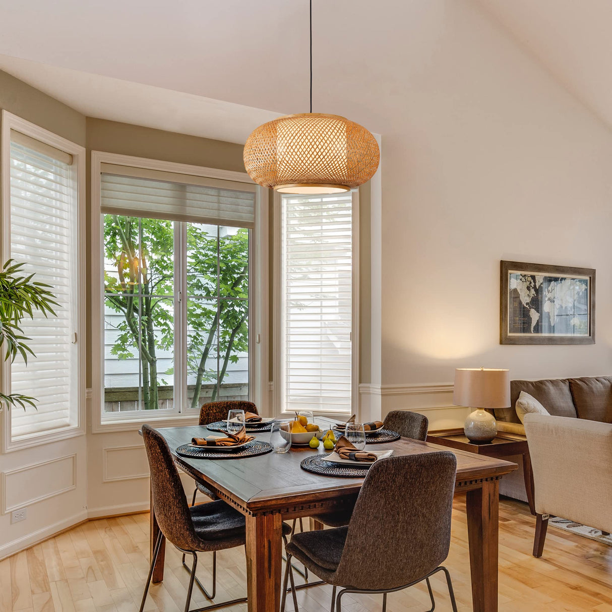 Bamboo Pendant Light Basket Weave Hanging Light, 1 Light Elegant Rattan Chandelier