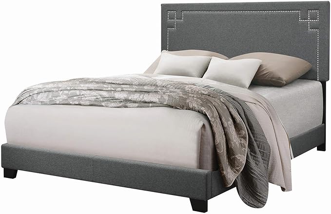 Benjara Fabric Upholstered Queen Bed with Block Legs, Gray, Brown