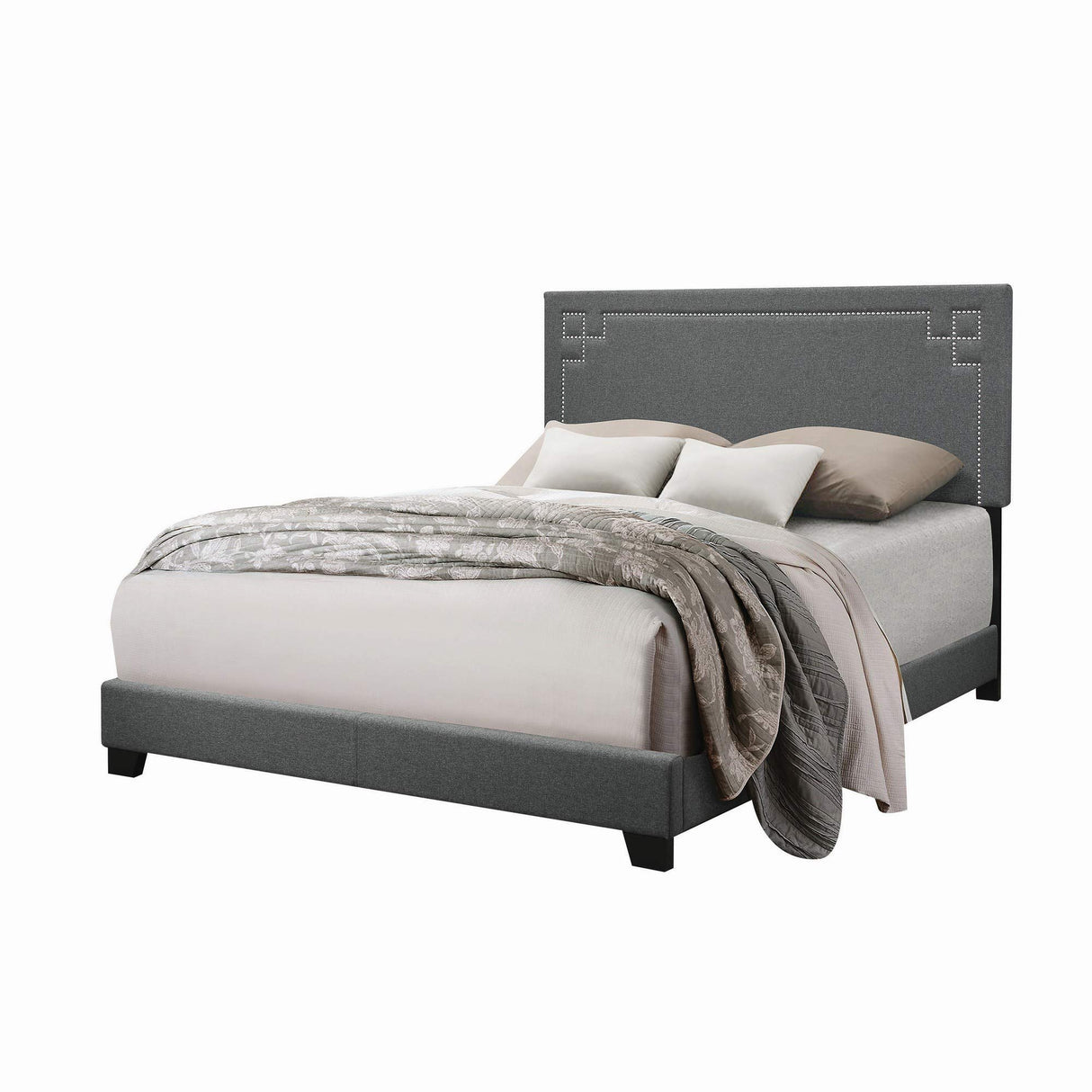 Benjara Fabric Upholstered Queen Bed with Block Legs, Gray, Brown