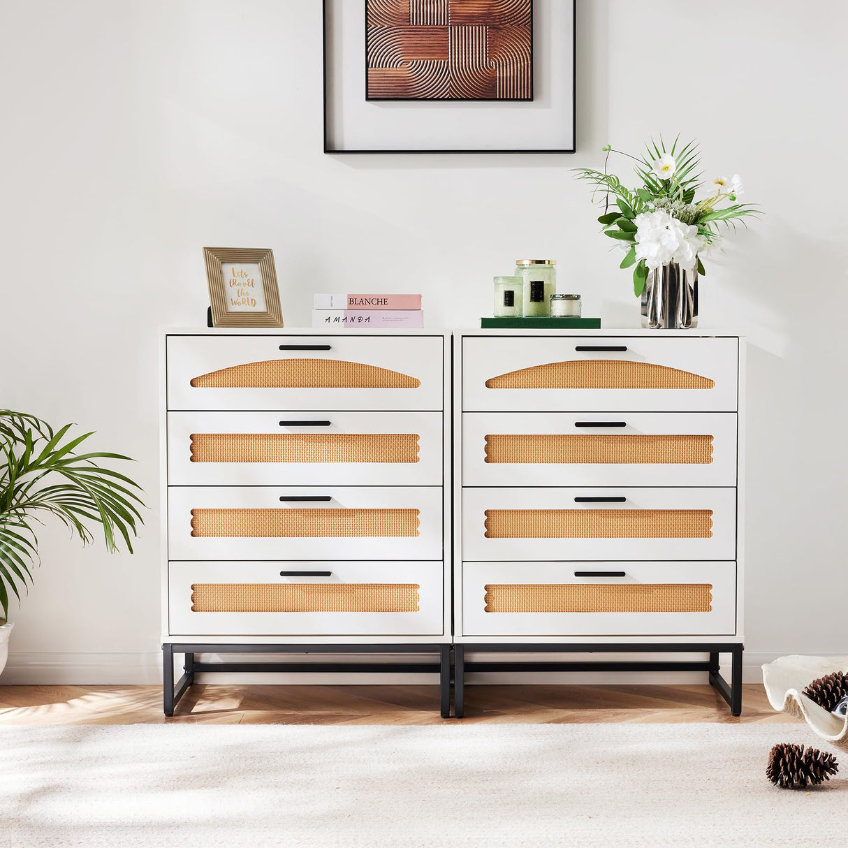 Mericonia 4/5 Drawer Rattan Dresser for Bedroom, Wooden Chest of Dressers, Modern Dresser Chest with Golden Handles for Bedroom,Living Room, Hallway and Entryway