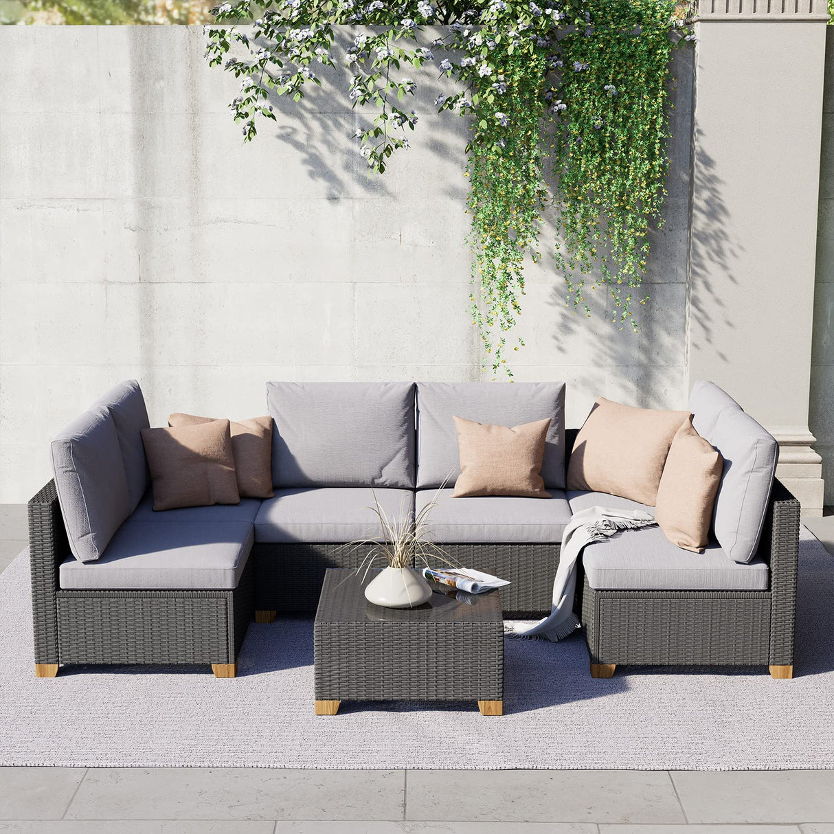 6 Seats Outdoor Conversation Sets with Olefin Cushions, Wicker Modular Sofa Sets with Coffee Table for Backyard Garden Poolside Light Gray