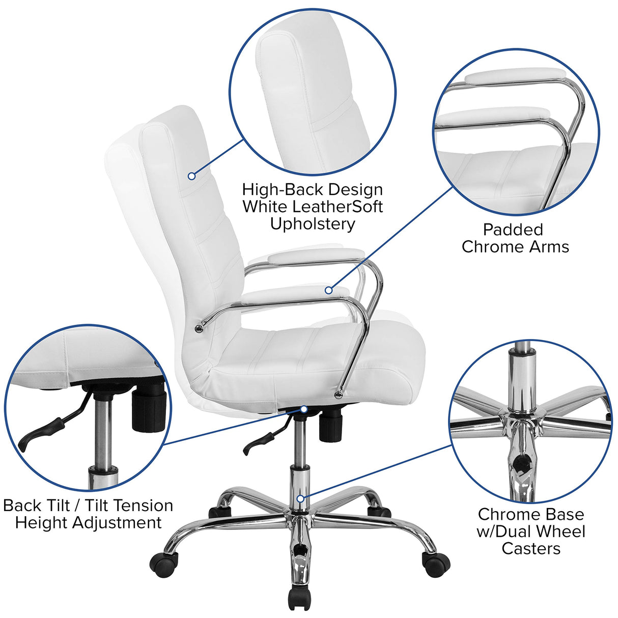 -Back Swivel LeatherSoft Desk Chair with Padded Seat and Armrests, Adjustable Height Padded Office Chair, White/Chrome