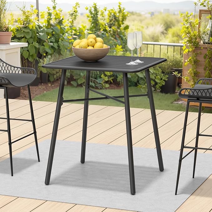 Square Metal Outdoor Dining Table with Umbrella Hole for Outside Patio, Black