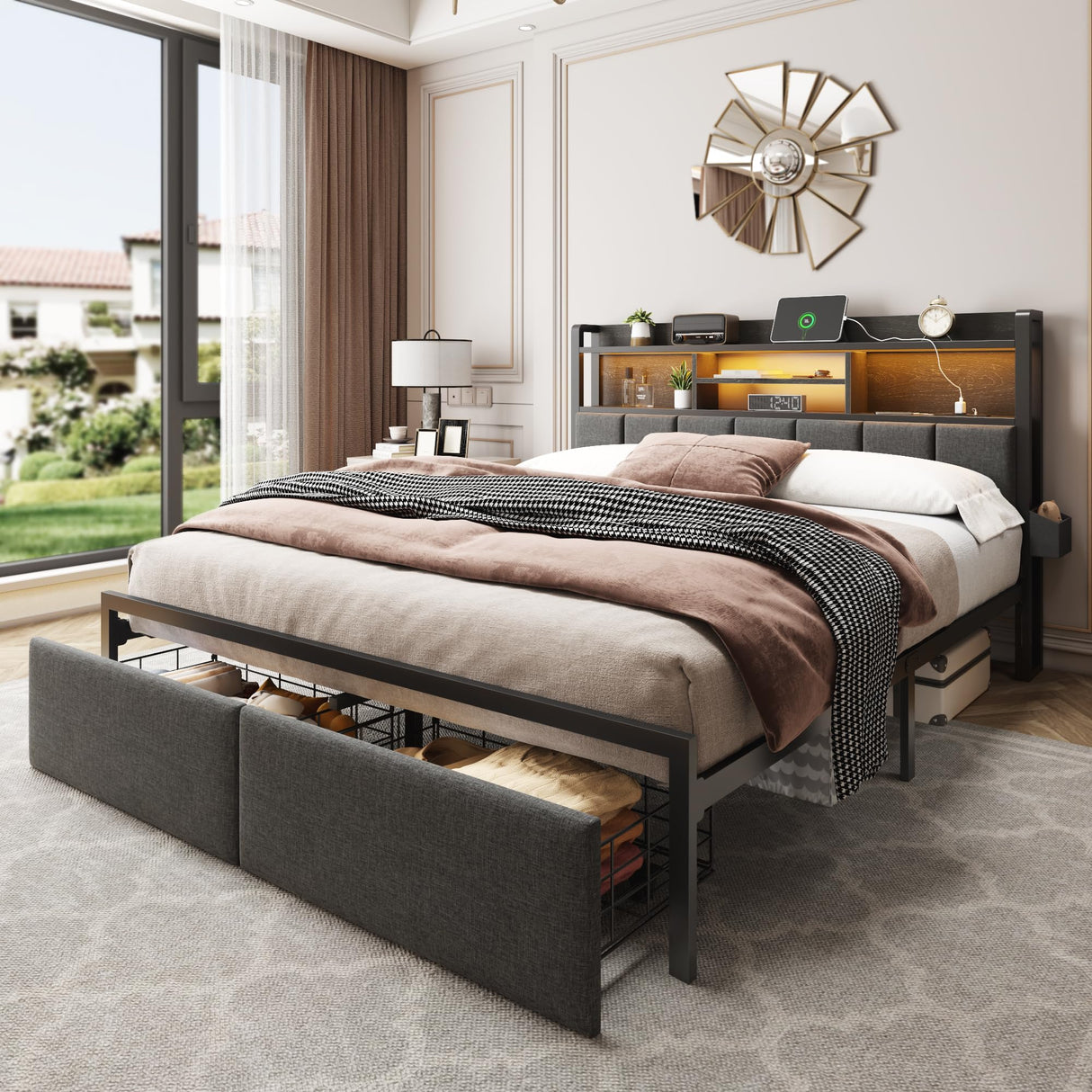 Queen Bed Frame with Storage Drawers and LED Headboard