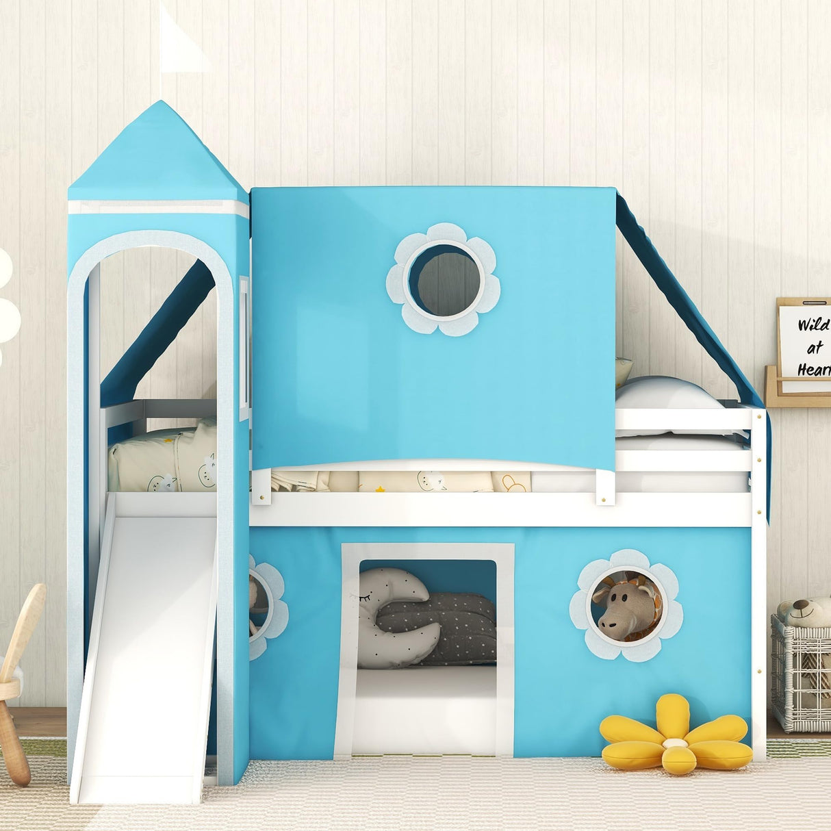 Twin Size Low Loft Bed with Slide for Kids Bedroom,Solid Wood Bedframe w/House Shaped