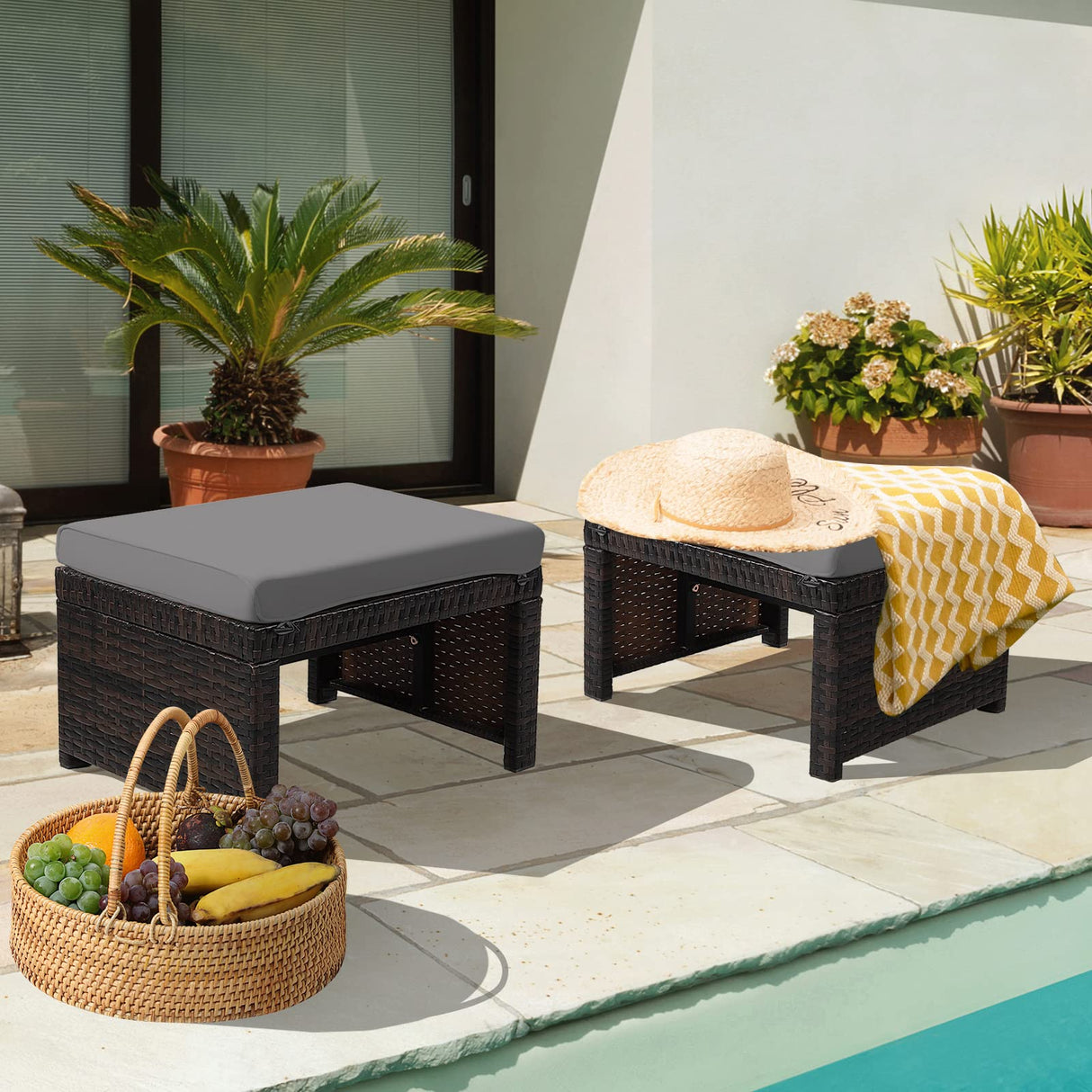 HAPPYGRILL 2 Piece Outdoor Wicker Ottomans, Patio Rattan Footstool with Cushions, Solid Steel Frame, Multifunctional Ottomans for Poolside Backyard Balcony
