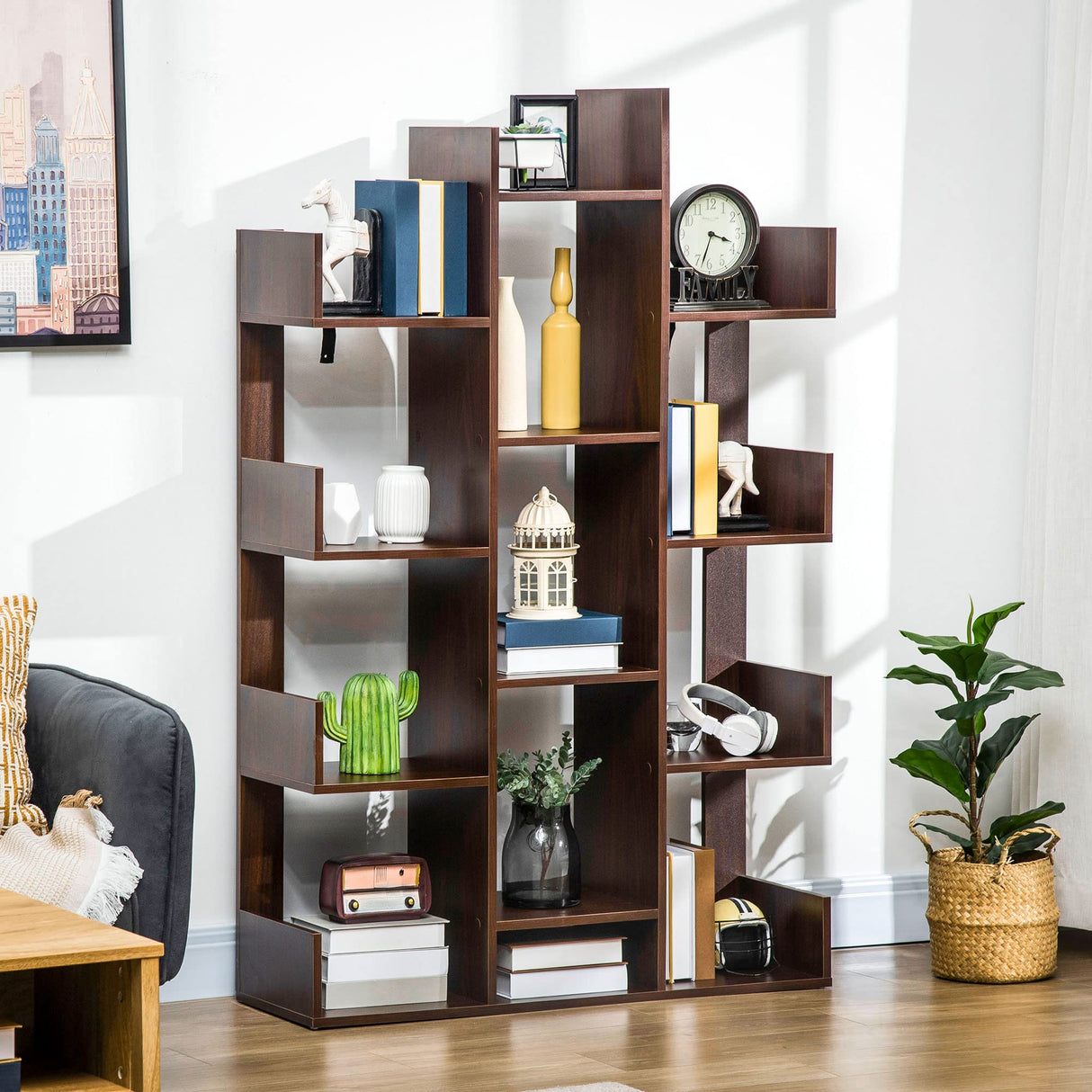 Tree Bookshelf, Modern Freestanding Bookcase with 13 Open Shelves, Display Unit for Living Room, Study or Office, Brown