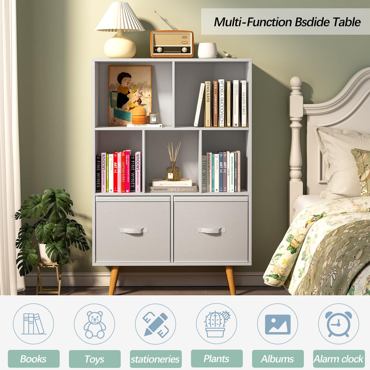 3-Tier Mid-Century Modern Wood Bookcase,White Minimalist 7-Cube Bookshelf