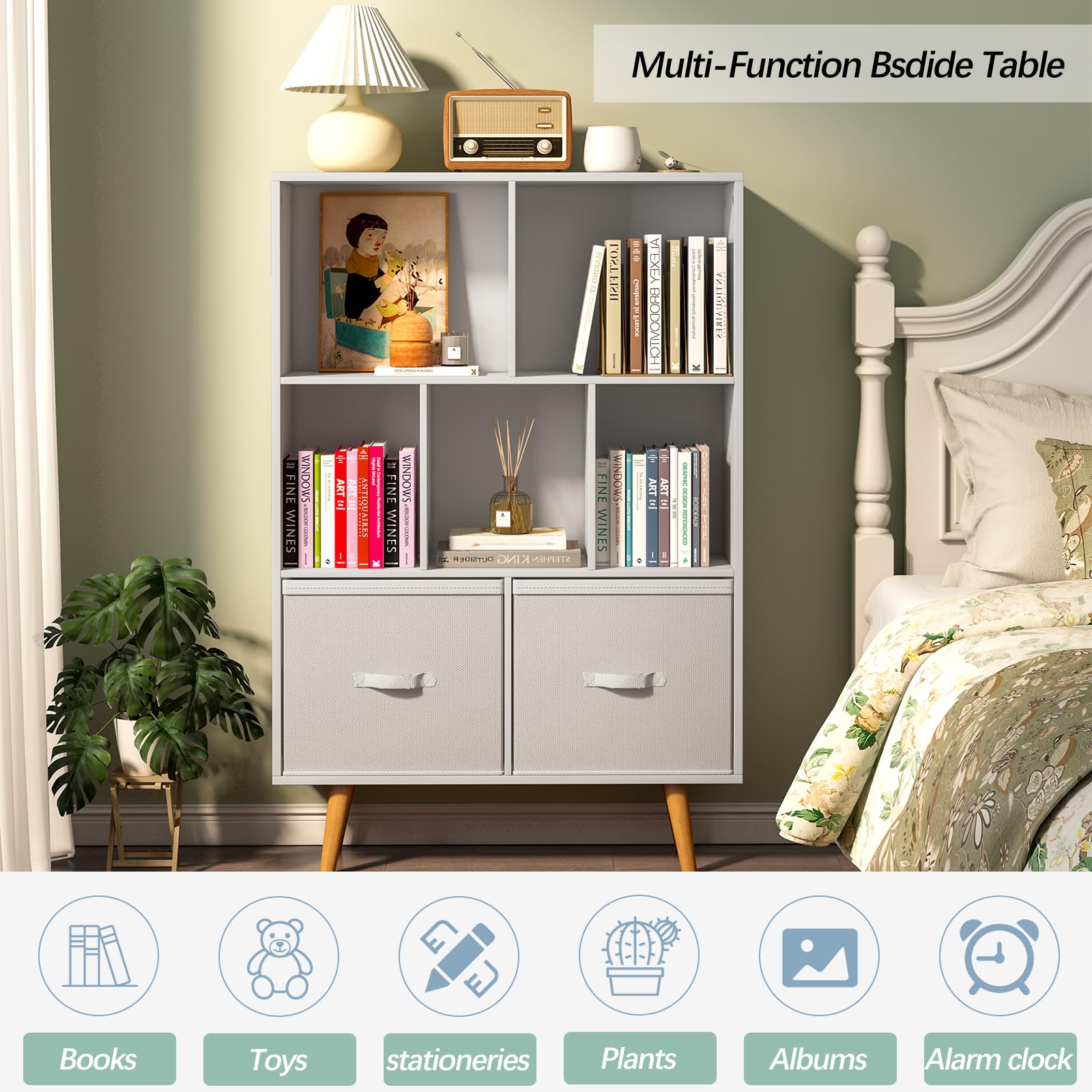 3-Tier Mid-Century Modern Wood Bookcase,White Minimalist 7-Cube Bookshelf