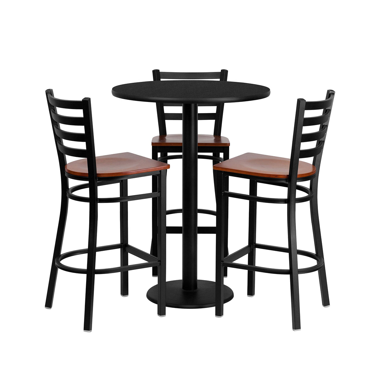 30'' Round Black Laminate Table Set with 3 Ladder Back Metal Barstools - Cherry Wood