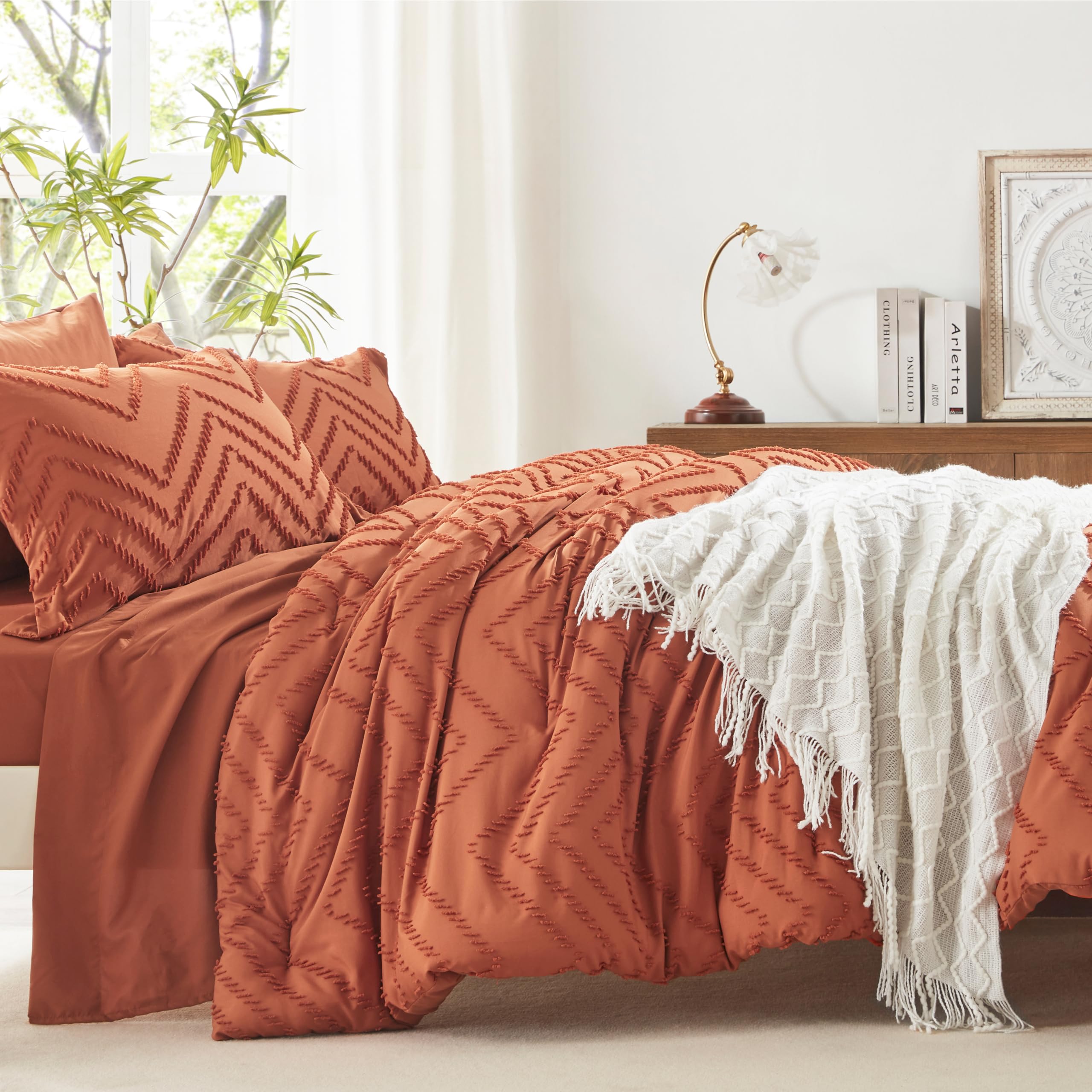 Queen Comforter Set, Burnt Orange Tufted Bed in a Bag