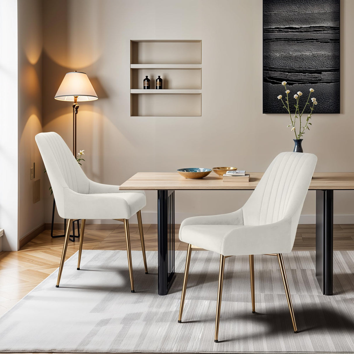 Mid-Century Modern Dining Chairs Set of 2 - White Velvet with Gold Metal Legs