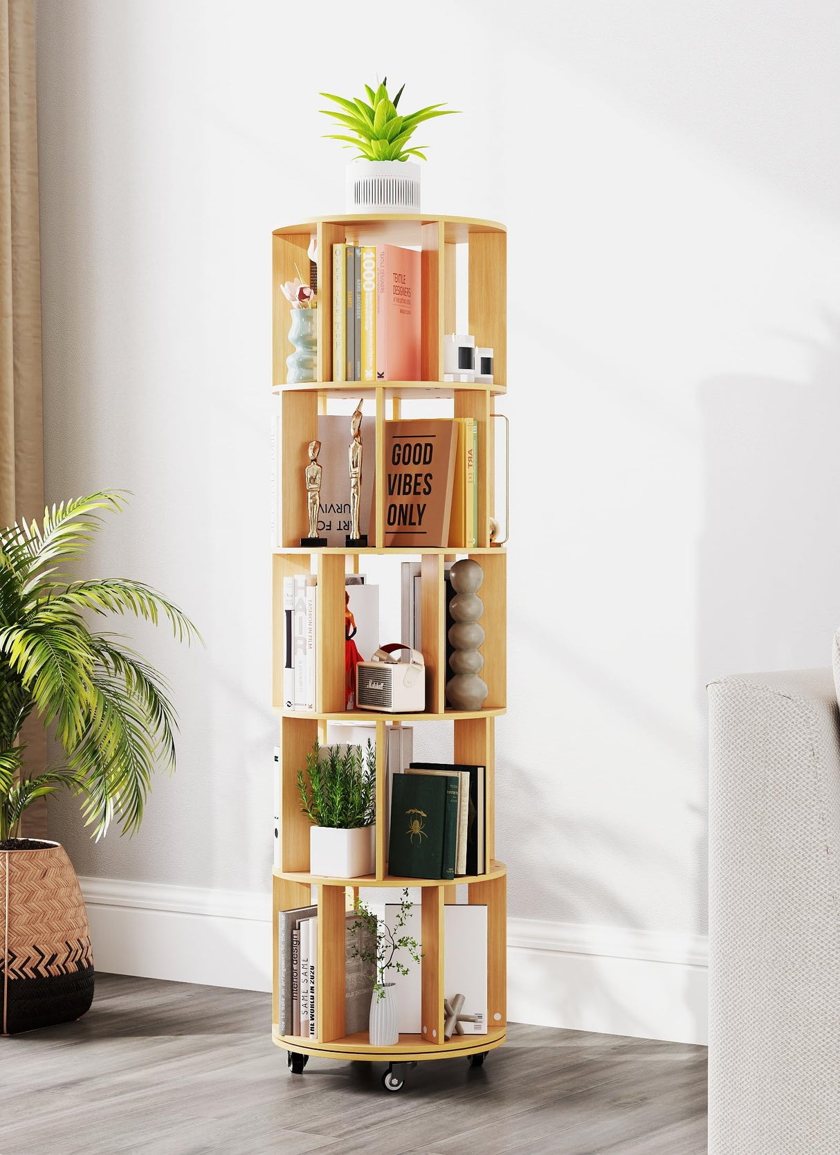 5 Tier Rotating Bookshelf with Wheels 360° Display Stackable Spinning Book shelf