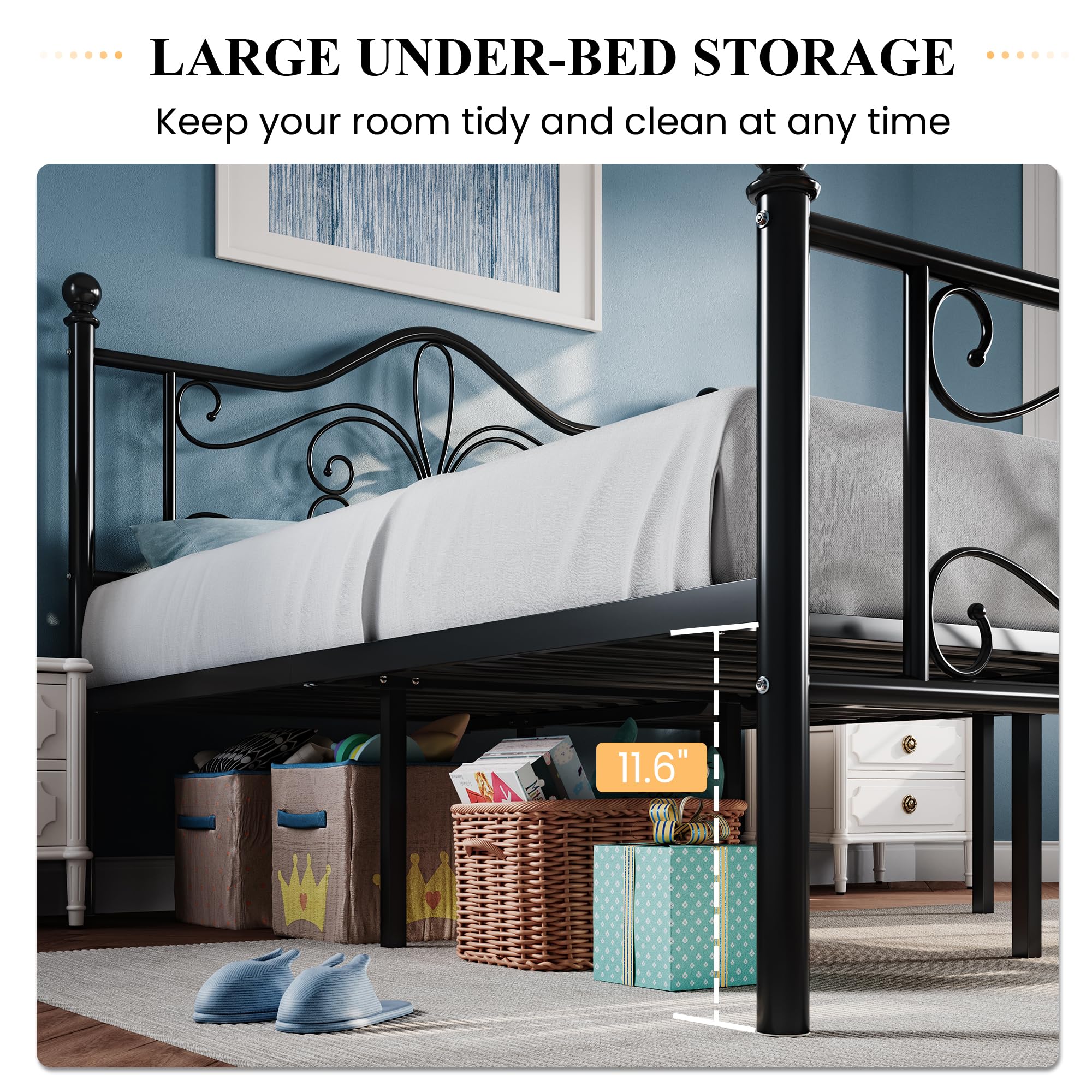 SHA CERLIN Queen Size Bed Frame and Headboard,Metal Bed Frame with Butterfly Pattern Design Headboard & Footboard,No Box Spring Needed,Easy Assembly,Black