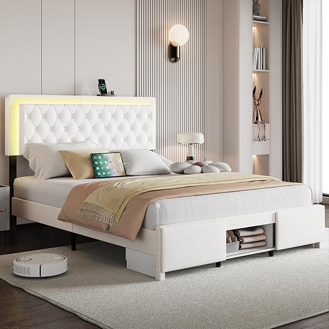 Queen Bed Frame with Charged Headboard and 3 Storage Drawers