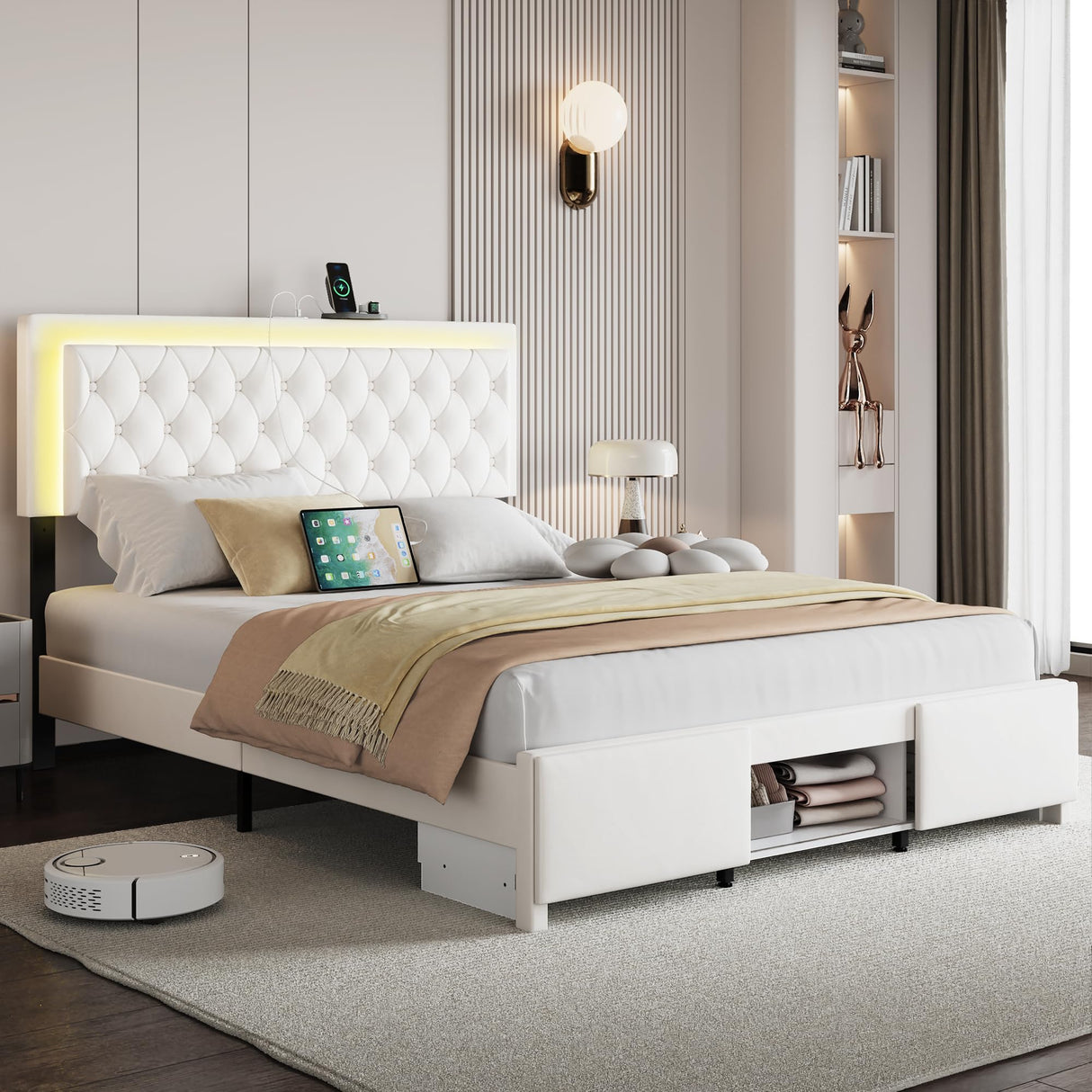 Queen Bed Frame with Charged Headboard and 3 Storage Drawers
