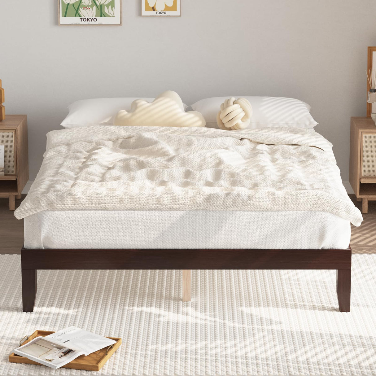 King Wood Platform Bed Frame with Slats - Cherry Finish